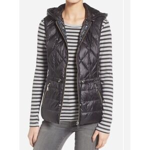 Bernardo Reversible Down Hooded Black Floral Puffer‎ Vest Sz 14 Lightweight